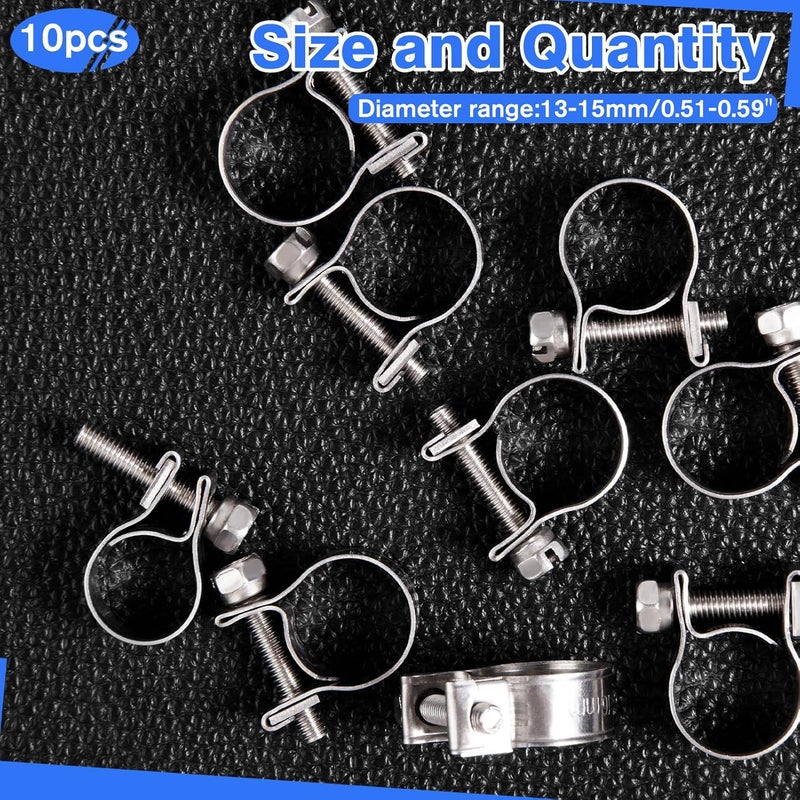 LEONTOOL 10pcs Stainless Steel Mini Fuel Line Pipe Hose Clamp Clip 13-15mm Fuel Injection Line Style Hose Clamp Adjustable Pipe Hose Clip Tube Clamps For Diesel Petrol Pipe (1/2" - 9/16"Dia) - Image 3